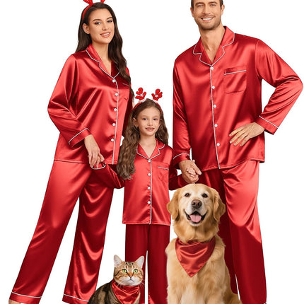 Family Matching Pajamas Set Silk Satin Button down Sleepwear Long Sleeve Nightwear 2 Pcs Pj Set S-XXL
