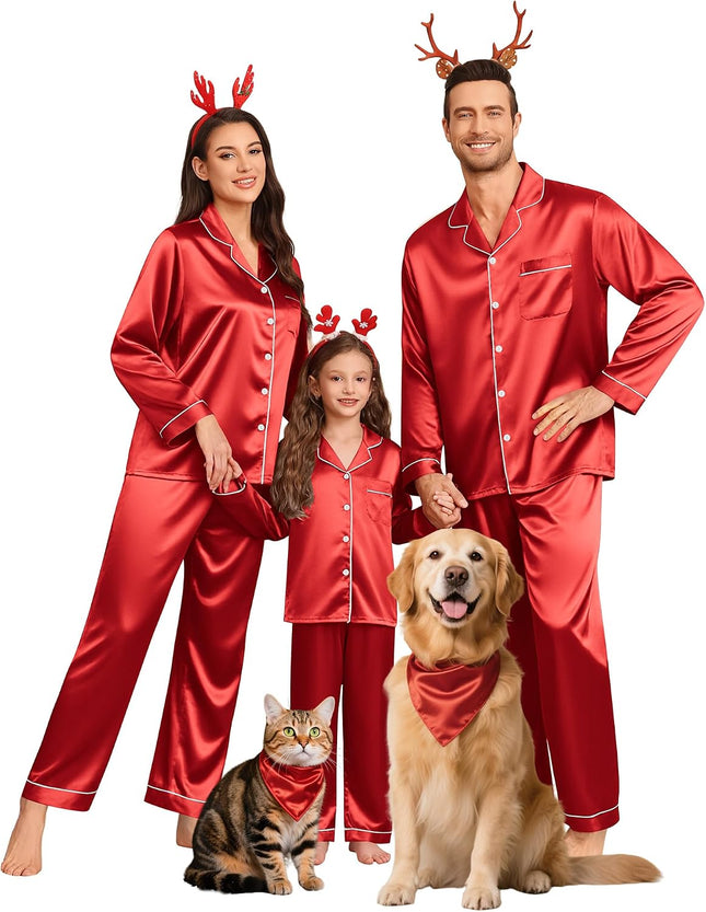 Family Matching Pajamas Set Silk Satin Button down Sleepwear Long Sleeve Nightwear 2 Pcs Pj Set S-XXL