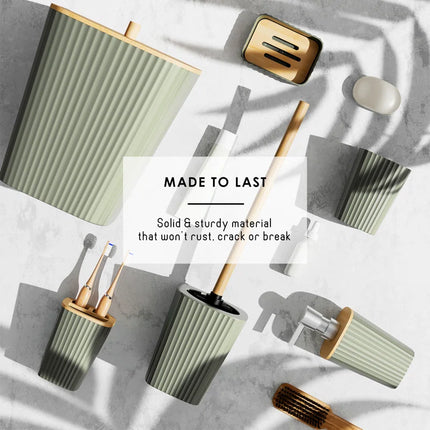 Complete 8 Piece Bathroom Accessory Set with Bamboo Accents, Trash Can, Toilet Brush & 2 Bath Rugs Included