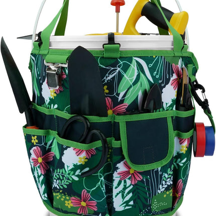 Bucket Tool Organizer 5 Gallon 18-Pocket Gardening Tool Bag with Hangable Handle | Garden Caddy & Bucket Accessory, Green