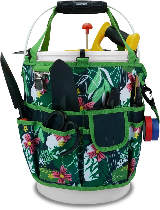 Bucket Tool Organizer 5 Gallon 18-Pocket Gardening Tool Bag with Hangable Handle | Garden Caddy & Bucket Accessory, Green