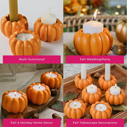 2-In-1 Pumpkin Candle Holder Set - Orange Fall Taper, Tealight & Votive Candle Holders - Pumpkin Table Centerpiece, Fall Candle Decor, Halloween Candlestick Holder (Set of 6)