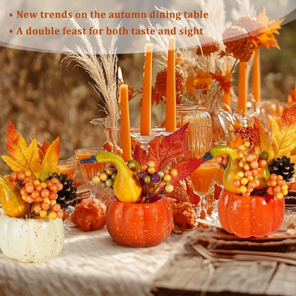 Set of 6 Artificial Pumpkins Decorations, Decorative Orange Pumpkin with Maple Berry Acorn Pine Cone Vegetables for Fall Thanksgiving Harvest Party Decoration