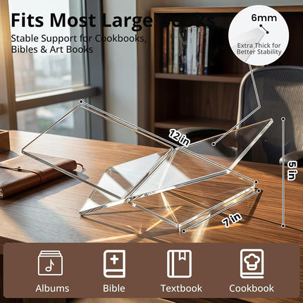 Acrylic Desktop Book Stand, Clear Angled Book Holder Display for Cookbooks, Magazines & Art Books, 12×7×5 in Slim Transparent Reading Stand for Desk & Coffee Table