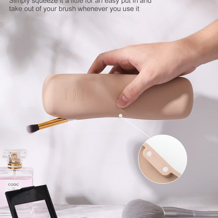 Travel Makeup Brush Holder, Magnetic Anti-Fall Out Silicon Portable Cosmetic Face Brushes Holder, Soft and Sleek Makeup Tools Organizer for Travel-Khaki（7.8 * 1.89 * 0.8 Inches）
