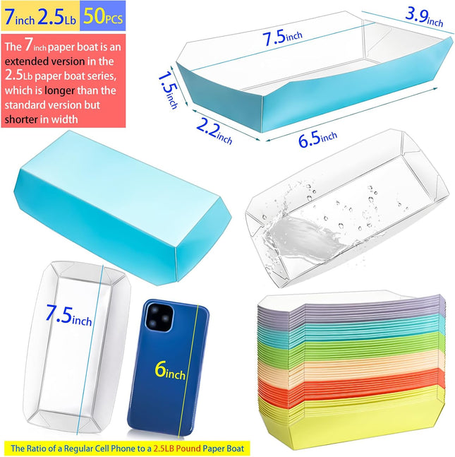 7Inch 2.5Lb Paper Food Boat Trays Disposable Paper Hot Dog Boat Containers, Colorful Kraft Food Serving Tray Boats Plates for Hotdog Sandwich Popcorn Taco Snack Fries Nacho (50Pack)