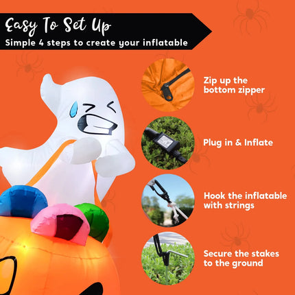 5Ft Halloween Inflatables Light up Cute Ghost,Blow up Ghost Lift Pumpkin Candy Bag with Build-In Leds for Yard Decorations