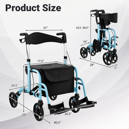 2 in 1 Rollator Walker Aluminum Walking Aid Assistant with Storage Space