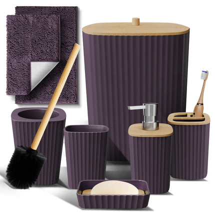 Complete 8 Piece Bathroom Accessory Set with Bamboo Accents, Trash Can, Toilet Brush & 2 Bath Rugs Included