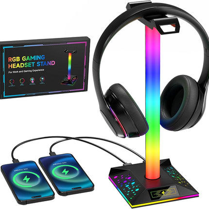 Headphone Stand Gaming Headset Holder RGB PC Gaming Accessories for Desk, Cool LED Headset Stand with 2 USB Charger for Gamer, Black