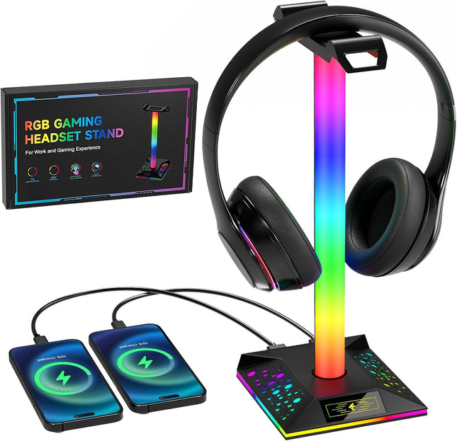 Headphone Stand Gaming Headset Holder RGB PC Gaming Accessories for Desk, Cool LED Headset Stand with 2 USB Charger for Gamer, Black
