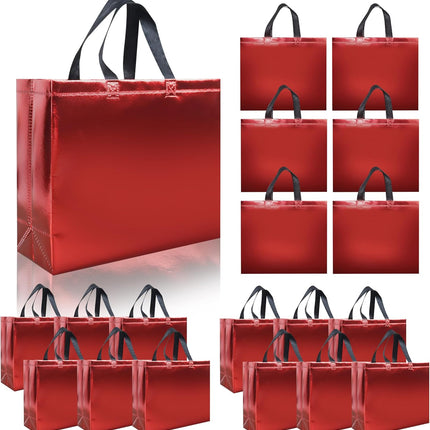 15 Pcs Glossy Red Reusable Gift Bags with Handles, 12.6 X 4.7 X 11 in Party Bags with Sturdy Base, Holiday Goodie Bag Bulk for Birthday, Wedding, Party, Xmas