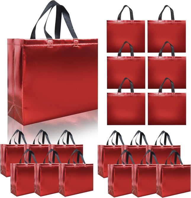 15 Pcs Glossy Red Reusable Gift Bags with Handles, 12.6 X 4.7 X 11 in Party Bags with Sturdy Base, Holiday Goodie Bag Bulk for Birthday, Wedding, Party, Xmas