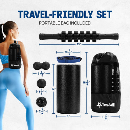Yes4All Foam Muscle Roller Set, 7-In-1 High-Density Set of Back Roller, Fascia Massage Tool, Stretch Strap, Spiky, Peanut & Smooth Massage Balls, Carry Bag - Ideal for Muscle Care & Relaxation