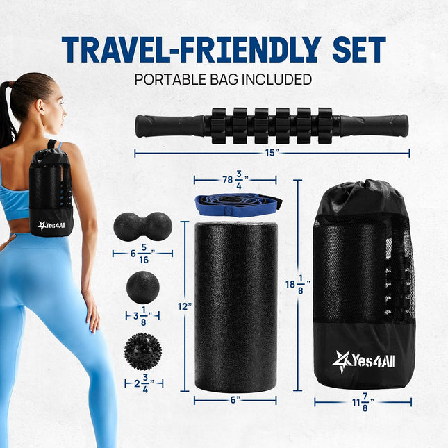 Yes4All Foam Muscle Roller Set, 7-In-1 High-Density Set of Back Roller, Fascia Massage Tool, Stretch Strap, Spiky, Peanut & Smooth Massage Balls, Carry Bag - Ideal for Muscle Care & Relaxation