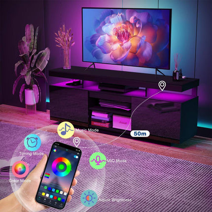 63.78 In. Modern Black TV Stand Fits Tvs up to 70 In. with RGB LED Light Strip and Outlets