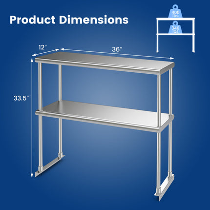 36 X 12 Inch Kitchen Stainless Steel Overshelf with Adjustable Lower Shelf
