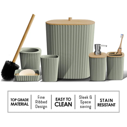Complete 6 Piece Bathroom Accessory Set with Bamboo Accents, Trash Can & Toilet Brush Included