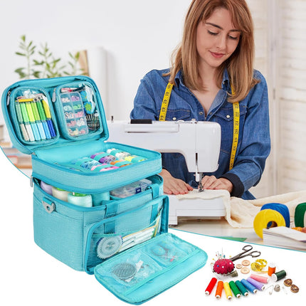 Double Layer Sewing Organizer Bag with Shoulder Strap, Blue