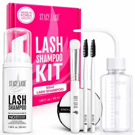 Lash Shampoo 50Ml Kit Korean Makeup Remover with Eye Lash Spoolies & Rinse Bottle & Cleansing Pad & Brush for Eyelash Extensions & Clusters & Natural Eyelashes