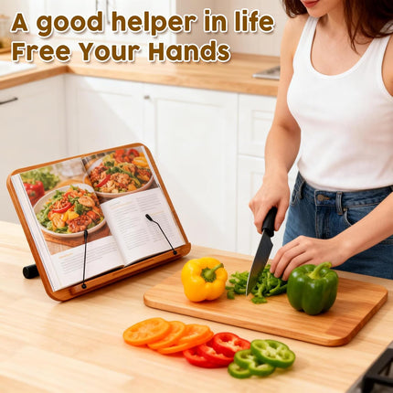 2 in 1 Dual-Use Music Stand & Desktop Book Stand, Adjustable Height 16.5"-51", 100% Solid Wood Laptop Floor Stand Book Holder with Elastic Page Clips for Cookbooks (Brown)