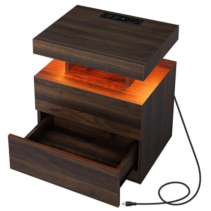Modern Walnut 2-Drawer 19.7 In. W Nightstand with Smart LED Light and Wireless Charging Station
