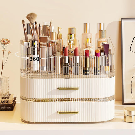 360 Rotating and Stackable Makeup Organizer with 2 Drawers