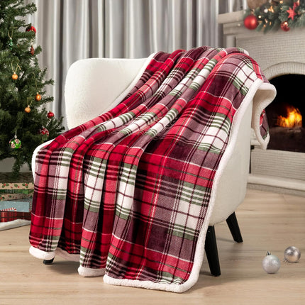 Red Green Christmas Plaid Sherpa Throw Blanket, Holiday Fleece Blanket 50" X 60", Soft Flannel Plush Throw for Couch, Sofa & Bed, Festive Winter Home Decor, Cozy