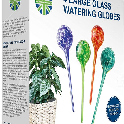 Plant Watering Globes - Plant Watering Devices - Plant Watering Bulbs - Self Watering Spikes -Decorative Hand Blown Glass - Watering Bulbs - Free Moisture Meter 4 Large Size
