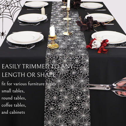 Halloween Table Runner, Silver Spider Web Metallic Sequin Glitter Sheer Runners Roll 120", Black Table Decorations for Halloween, Wedding, Birthday, Themed Party, Christmas