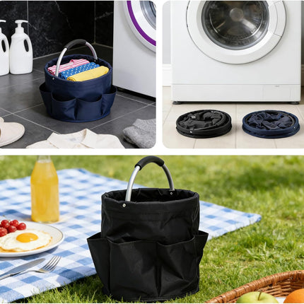 Tool Bucket Organizer 2-Pack, 17L Foldable Cleaner Caddy with 6 Pockets，Handle for Garden、Family and Bathroom, Can Also Be Used as a Beach Basket or Shopping Basket，Black+Navy Blue