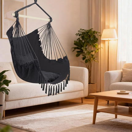 XXL Macrame Hammock Chair - Comfortable Indoor/Outdoor Swing with Drink Holder
