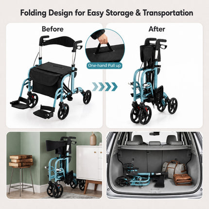 2 in 1 Rollator Walker Aluminum Walking Aid Assistant with Storage Space