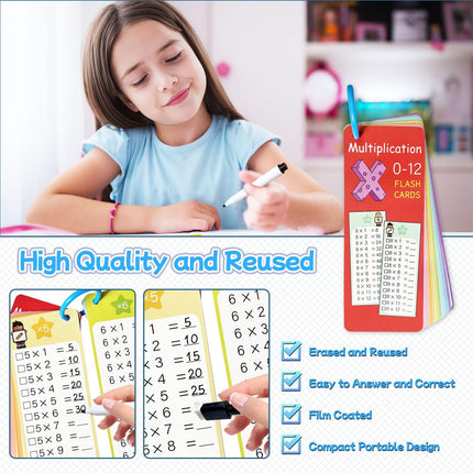 Multiplication Flash Cards 0-12, 15PCS Times Table Flash Cards Chart, with Dry Erase Markers Sorting Ring, 1St, 2Nd, 3Rd Grades Educational Math Multiplication Game for Kids Classroom Home