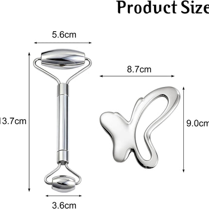 Gua Sha & Face Roller, Stainless Steel Gua Sha Facial Tools, Lymphatic Drainage Massager for Face, Eyes, Chin & Jawline Sculpting, Body Gua Sha Tools with Pouch