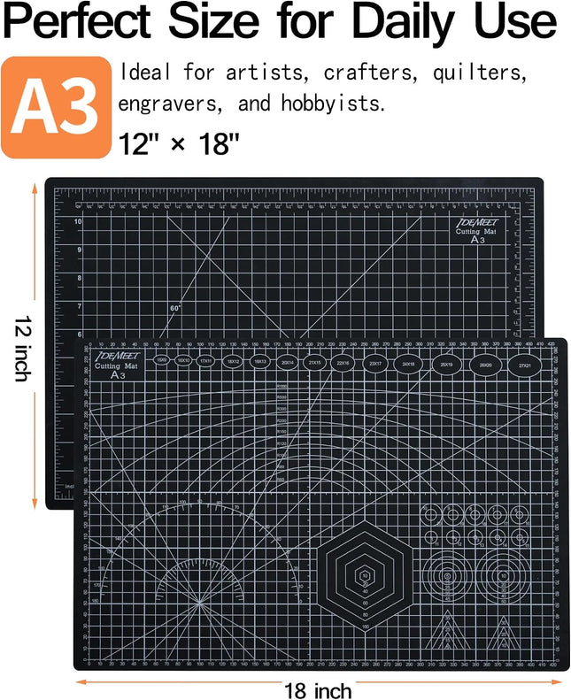 Density-Upgraded 18"X12" Self Healing Cutting Mat,  Rotary Sewing Mat for Crafts, 5-Ply Blade Table Protector Cut Board for Fabric Leather Cutting Quilting Modeling Hobby Project, A3, Black