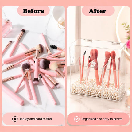 Makeup Brush Holder with Dustproof Lid, White Pearls, Acrylic Clear Makeup Brush Organizer with 3 Compartment, Large Cosmetic Brush Storage Box Case for Vanity, Bathroom, Bedroom