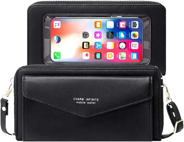 Faux Leather Crossbody Phone Bag for Women, RFID Blocking Touch Screen Wallet Shoulder Handbag with Clear Phone Window