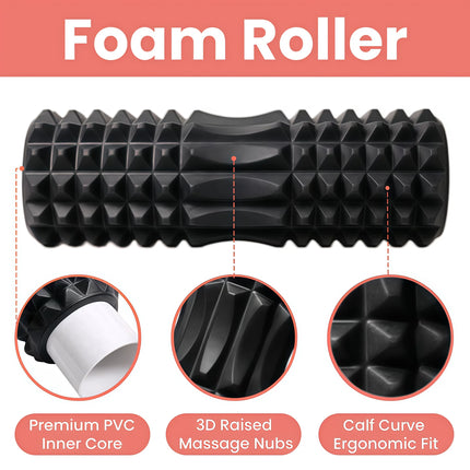 6 In1 Black Foam Roller Set with Massage Roller, Massage Ball, Chest Expander,And Resistance Band