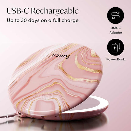 Taylor LED Lighted Travel Makeup Mirror, Rechargeable, 10X /1X Magnifying, Tru-Glow Lighting System, XL Large 5” Wide | Compact Mirror for Purses (Marble Rose)