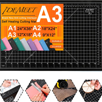 Density-Upgraded 18"X12" Self Healing Cutting Mat,  Rotary Sewing Mat for Crafts, 5-Ply Blade Table Protector Cut Board for Fabric Leather Cutting Quilting Modeling Hobby Project, A3, Black