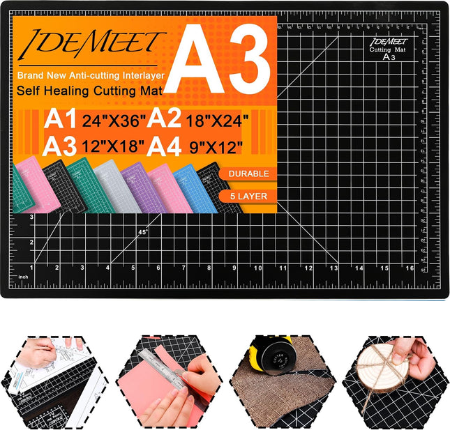 Density-Upgraded 18"X12" Self Healing Cutting Mat,  Rotary Sewing Mat for Crafts, 5-Ply Blade Table Protector Cut Board for Fabric Leather Cutting Quilting Modeling Hobby Project, A3, Black