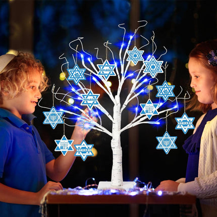 [Timer] 24'' Hanukkah LED Lighted Birch Tree with 12Pcs Ornaments,8 Lighting Modes Blue Lights Tabletop Pre Lit Tree Light for Christmas Hanukkah Decor