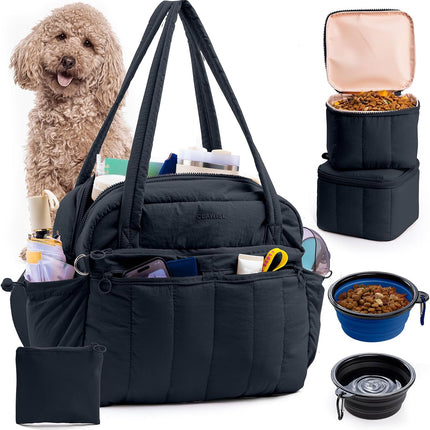 Dog Travel Bag for Supplies, Airline Approved Pet Travel Organizer with 2 Food Containers & Collapsible Bowls, Large Capacity Dogs Tote Bag for Weekend, Stylish Dog Mom Gift for Pet Lovers