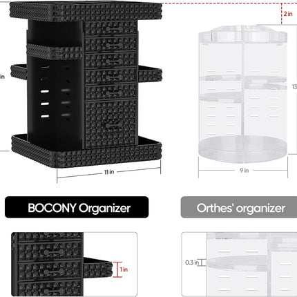2 Pack Makeup Organizer Set, Black Makeup Organizer with 6 Drawers, Clear 2 Tier Rotating Makeup Organizer