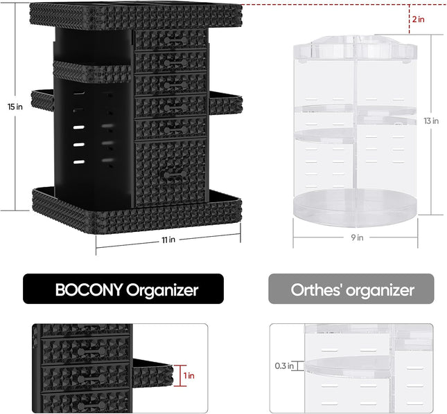 2 Pack Makeup Organizer Set, Black Makeup Organizer with 6 Drawers, Clear 2 Tier Rotating Makeup Organizer
