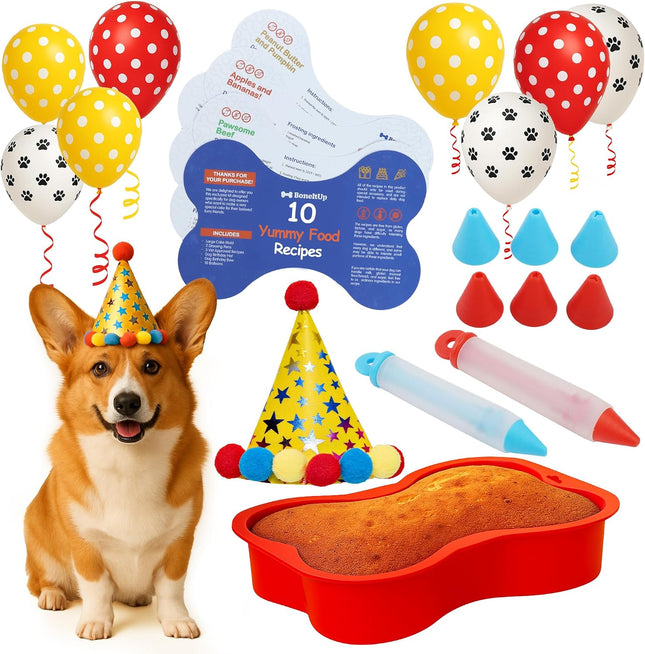 Dog Birthday Cake Kit - Bake Birthday Cakes for Dogs - Dog Party Supplies Set with - Large Cake Mold, 3 Vet-Backed Cake Recipes, 2 Drawing Pens, 10 Balloons, Birthday Hat & Bow