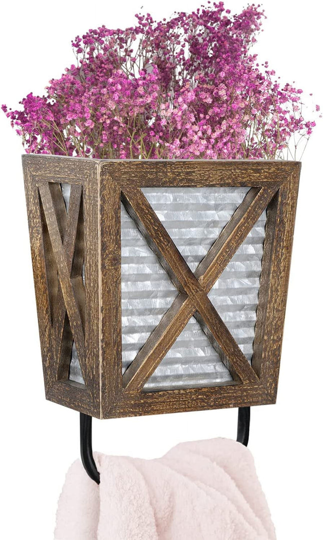 Farmhouse Decor Rustic Hand Towel Holder for Bathroom Wall and Kitchen Wall with Wood Storage, Brown