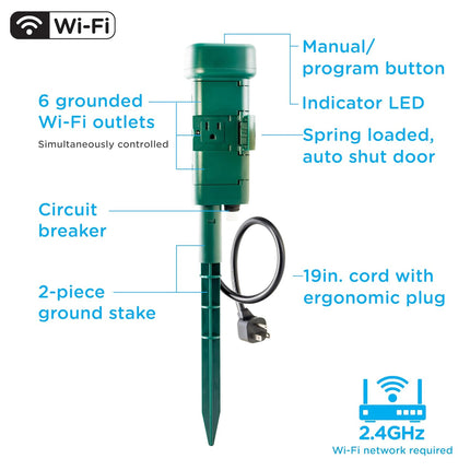 Matter Outdoor Smart Plug Yard Stake, 6 Grounded Outlets, Green
