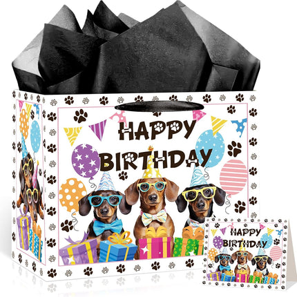 Large Dog Birthday Gift Bag Set with Tissue Paper and Greeting Card Dachshund Dogs Happy Birthday Bag Dachshund Doggy Puppy Dog Pet Paw Gift Wrapping Paper with Handles for Girl Boy Kids Men Women